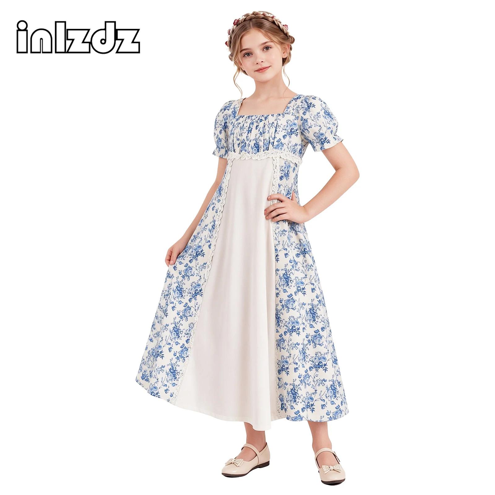 Lace Dress - Kinder-Mädchen-Renaissance-Mittelalterkleid mit quadratischem Kragen, kurzen Puffärmeln,