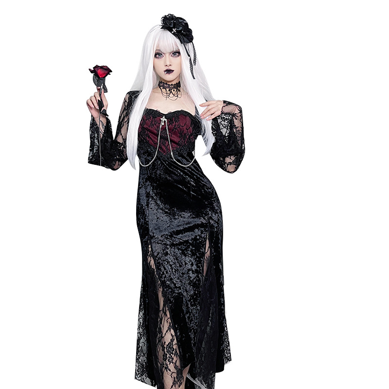 Midi Dress - Damen Goth Dunkle Elegante Abendkleider Samt